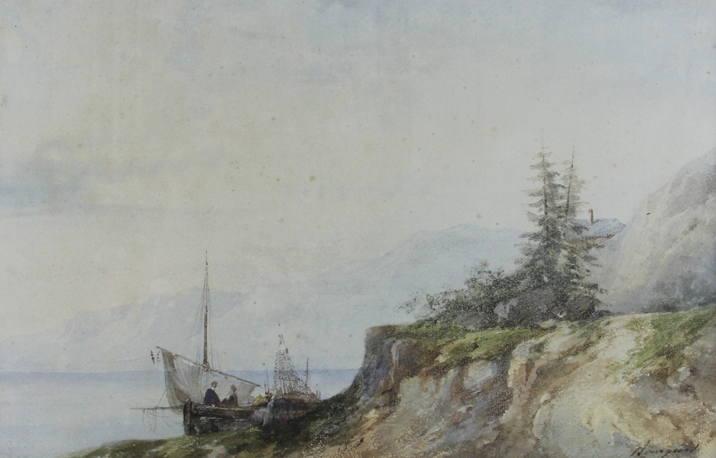 tableau Le Lac BOURGEOIS Eugne  paysage,paysage marin,personnage,paysage de montagne  aquarelle papier 19e sicle