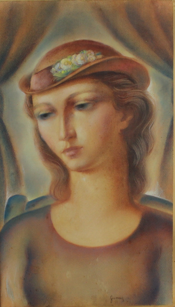 tableau La femme aux yeux bleus Goossens Karl personnage,portrait  pastel papier 1re moiti 20e sicle
