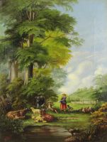 tableau Le dîner du gardien Bouhon Alphonse Antoine animaux,scène rurale  huile toile 19e siècle