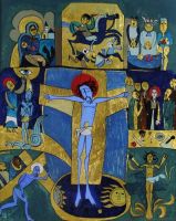 tableau Scène religieuse CIUBOTARU  Florin  religieux  mixte verre 2ième moitié 20e siècle