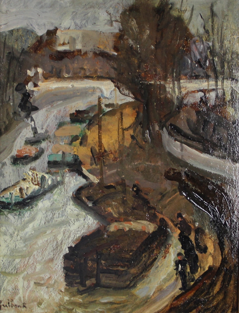 tableau le fleuve et ses animations    paysage,personnage  huile carton 1re moiti 20e sicle
