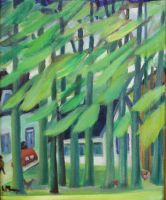 tableau Vue de ma chambre Maringer Lucien paysage,personnage,village  huile toile 2ième moitié 20e siècle