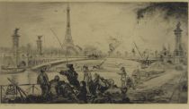 tableau Pêcheurs au bord de Seine   scène de genre,ville  gravure papier 1ère moitié 20e siècle