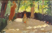tableau La petite promeneuse Vives Maristany Joan paysage,personnage,sous-bois  huile panneau 1ère moitié 20e siècle