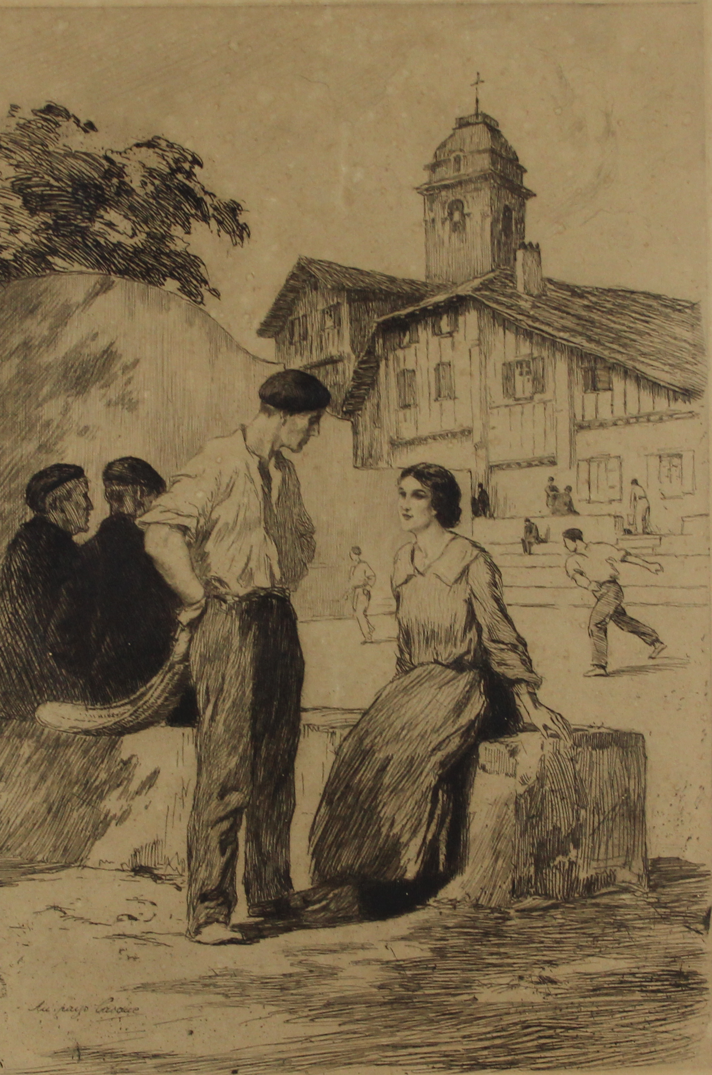 tableau Au pays Basque    personnage,sport,village  estampe papier 1ère moitié 20e siècle