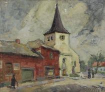 tableau Le jour du seigneur   personnage,village,église  huile marouflé 1ère moitié 20e siècle