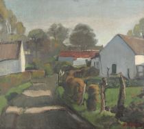 tableau Le chemin du village Petit Ernest paysage,village  huile carton 1ère moitié 20e siècle