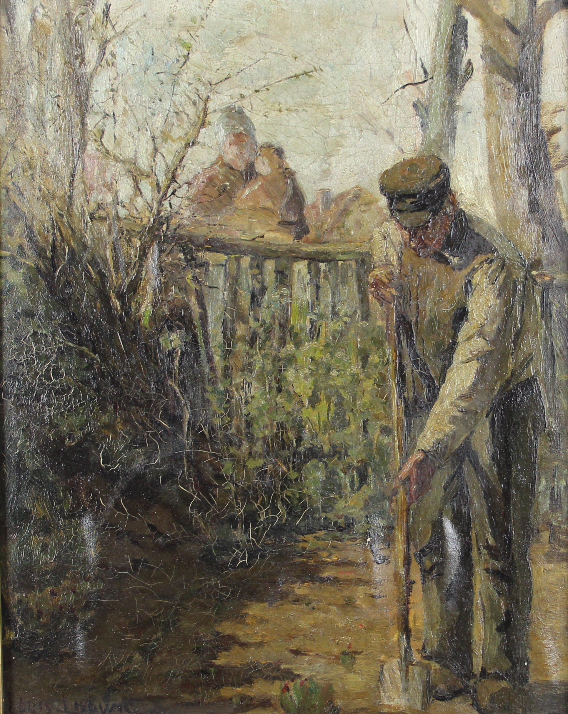 tableau Le Jardinier Ludwig Louis scne rurale impressionnisme huile maroufl 19e sicle