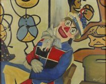 tableau Le clown   caricature,humoristique,personnage  huile toile 2ième moitié 20e siècle