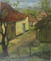 tableau Le Hameau   paysage,village  huile toile 2ième moitié 20e siècle