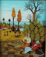 tableau Le repos du paysan Dukin Martin Stjepan personnage,scène rurale  huile verre 2ième moitié 20e siècle