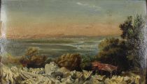 tableau Le cabanon de mer   paysage,paysage marin  huile carton 19e siècle