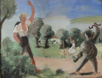 tableau Petit bonjour en promenade Perin Yvonne personnage,scène rurale  gouache papier 1ère moitié 20e siècle