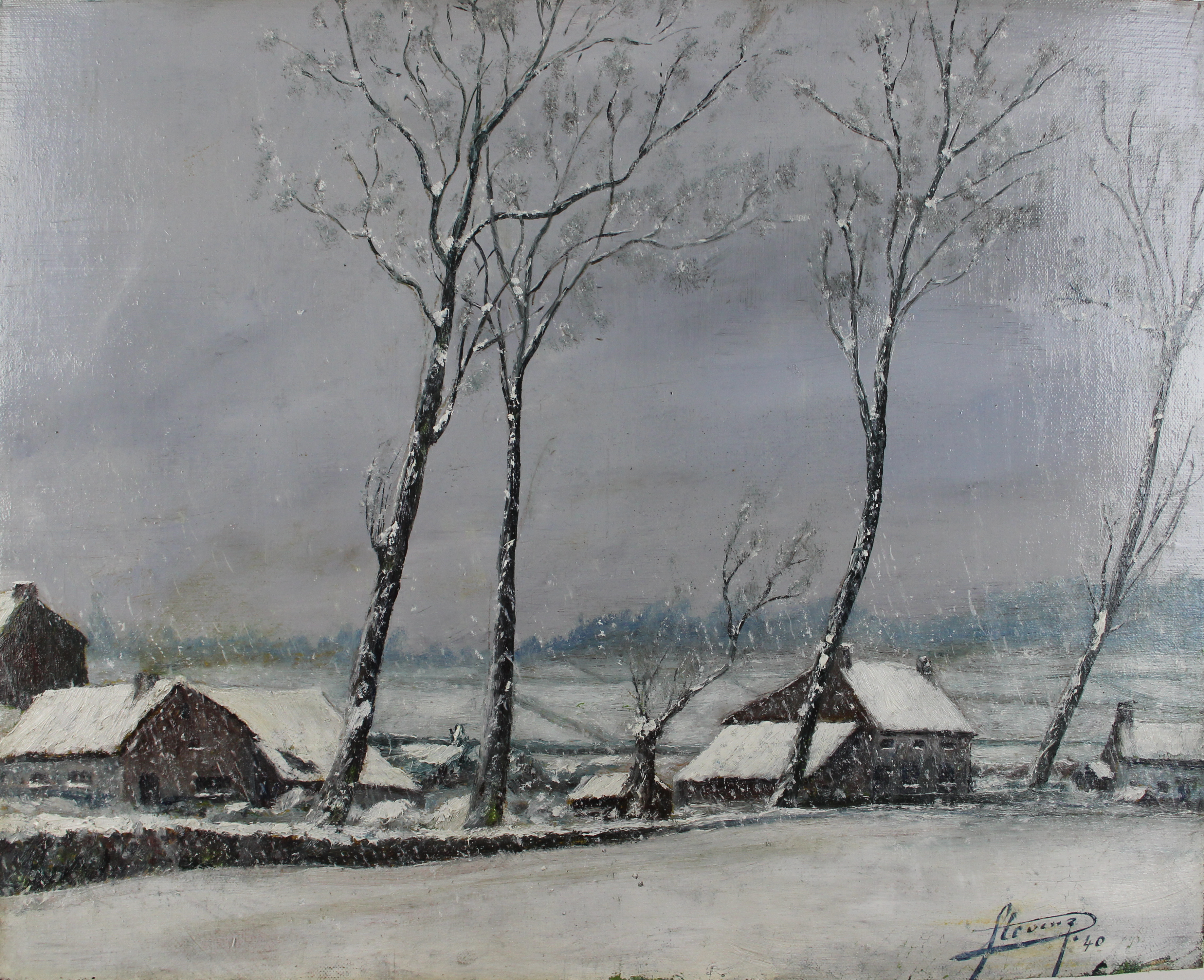 tableau Paysage de neige Stevens   paysage,village  huile carton 1re moiti 20e sicle