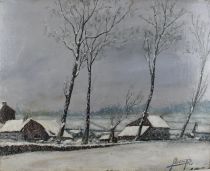 tableau Paysage de neige Stevens   paysage,village  huile carton 1ère moitié 20e siècle
