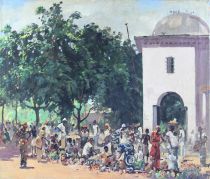 tableau Le Marché Marques Guilhermo D'O scène rurale,africaniste  huile toile 1ère moitié 20e siècle