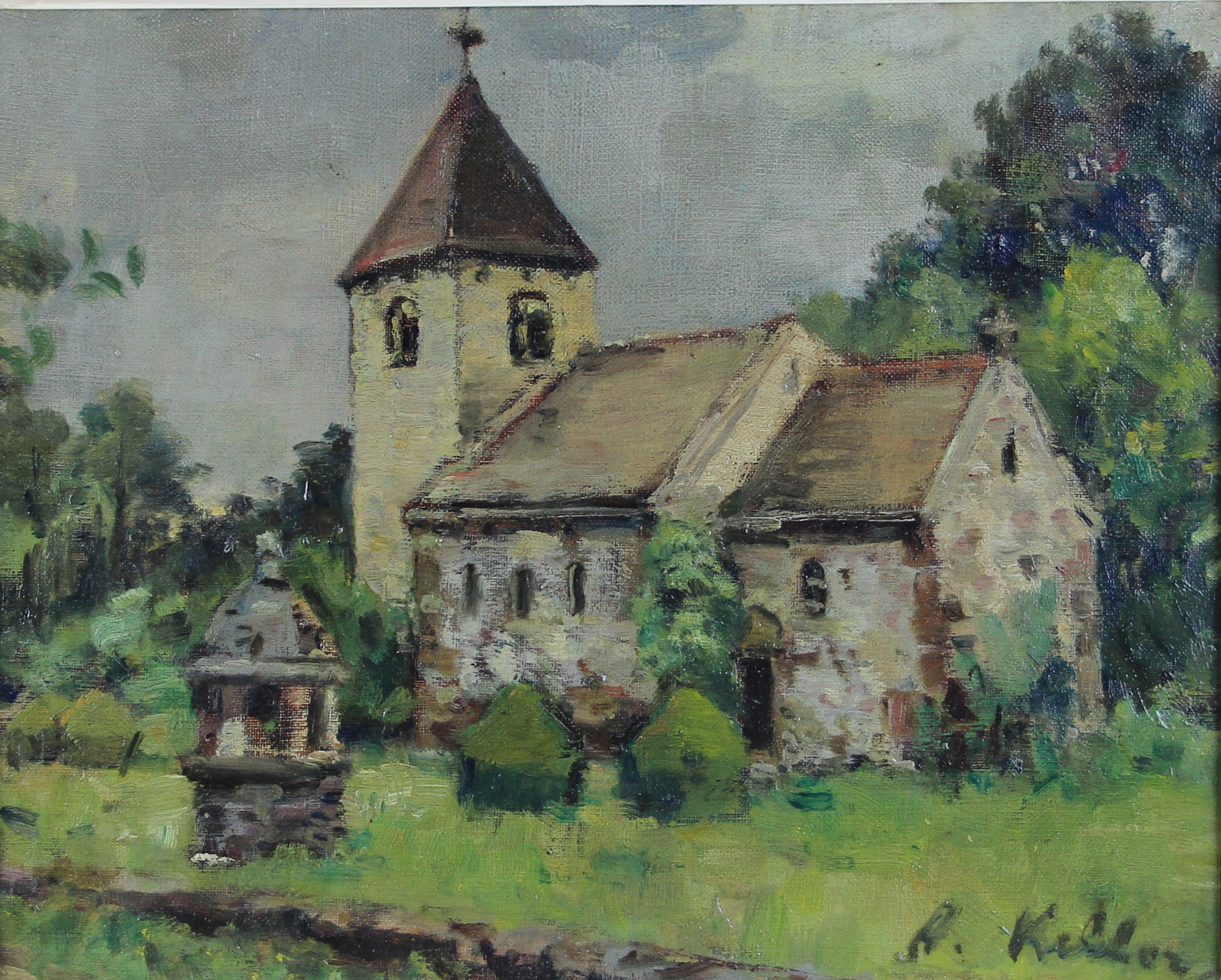 tableau Chapelle St Annne Val Duchesse Keller Adolphe paysage,glise  huile toile 
