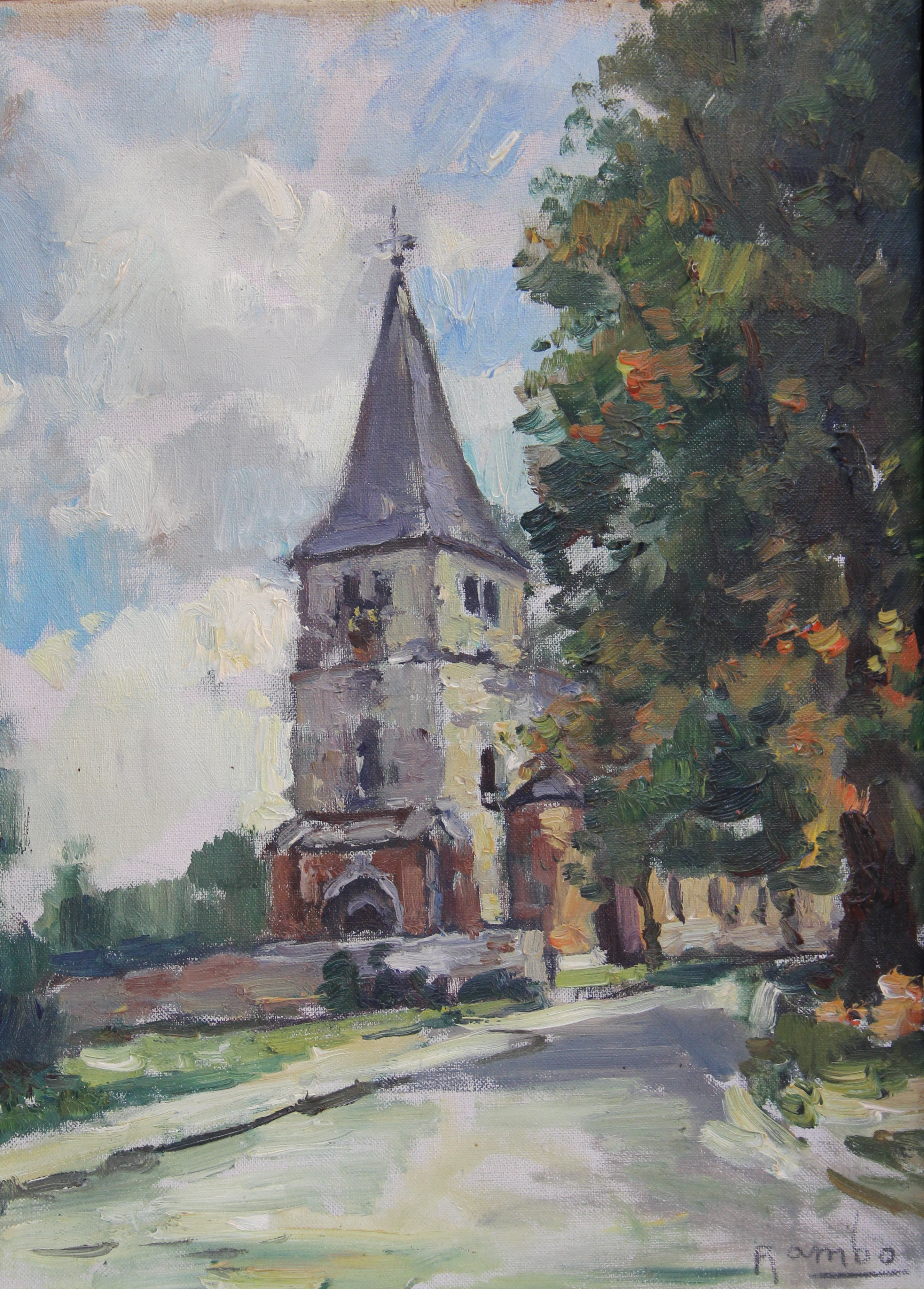 tableau Eglise de Pde St Anna Rambo Jules paysage,village,glise  huile toile 2ime moiti 20e sicle