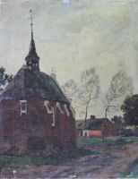 tableau La chapelle Huygens Lon paysage,village,glise  huile toile 1re moiti 20e sicle
