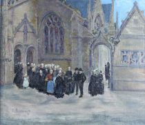 tableau Messe en Bretagne   religieux,scène de genre,village,église  huile marouflé 1ère moitié 20e siècle