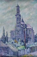 tableau Eglise  Ninove Stinon du pr Coroline paysage,religieux,ville,glise impressionnisme huile carton 2ime moiti 20e sicle