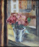 tableau Devant la fenêtre De Pauw Jef fleurs,scène d'intérieur expressionnisme huile isorel 2ième moitié 20e siècle
