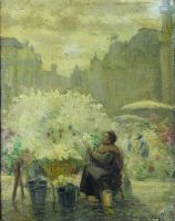 tableau La marchande de fleurs   fleurs,scène de genre  huile marouflé 