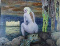 tableau Femme au poisson Frechkop Léonid fantastique,mode,scène de genre,moderne  huile toile 1ère moitié 20e siècle