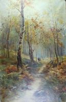 tableau Promenade en fôret Adrienne P paysage,personnage,scène de genre  huile toile 1ère moitié 20e siècle