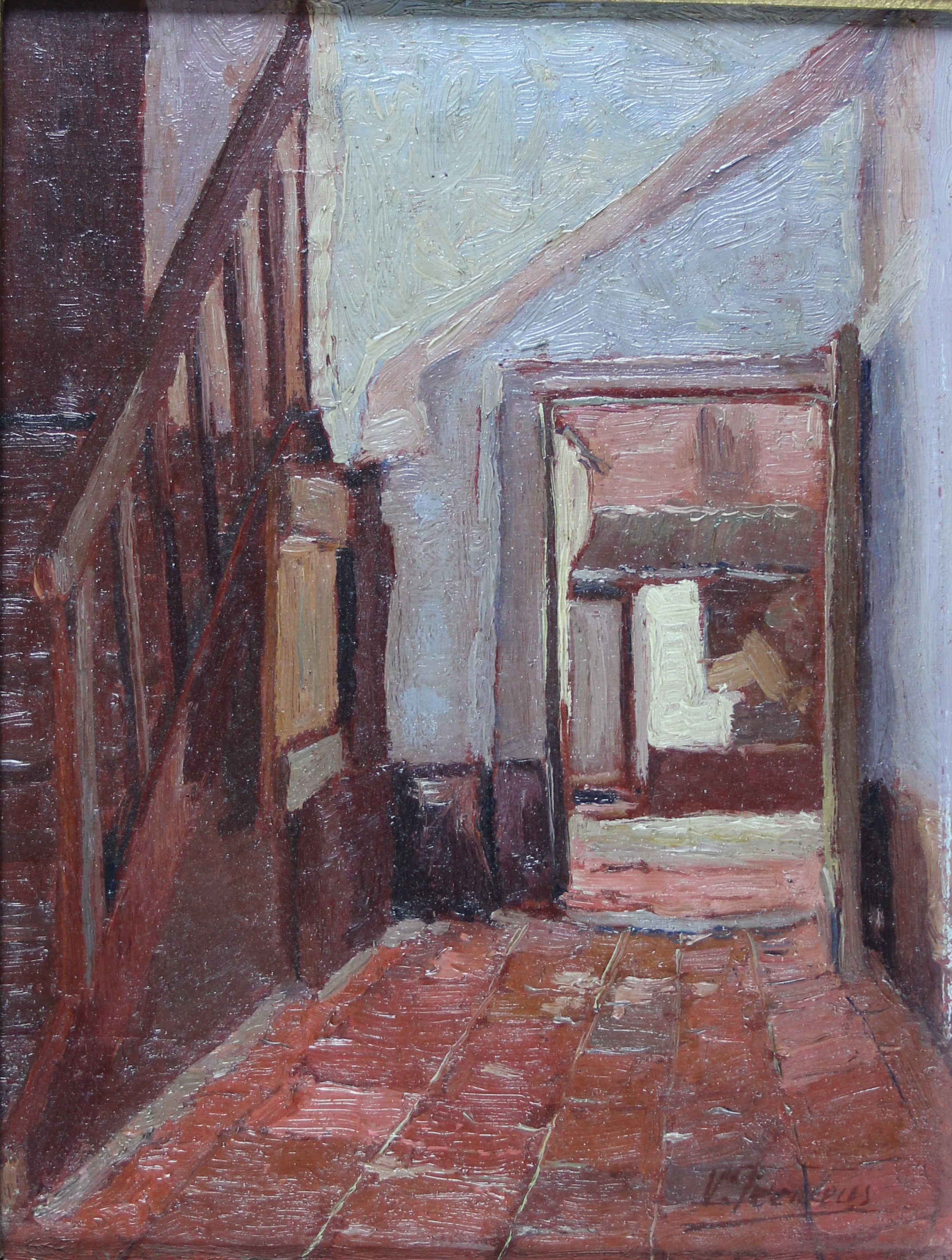 tableau le vestibule Fermeuse Victor scène d'intérieur  huile panneau de chêne 1ère moitié 20e siècle