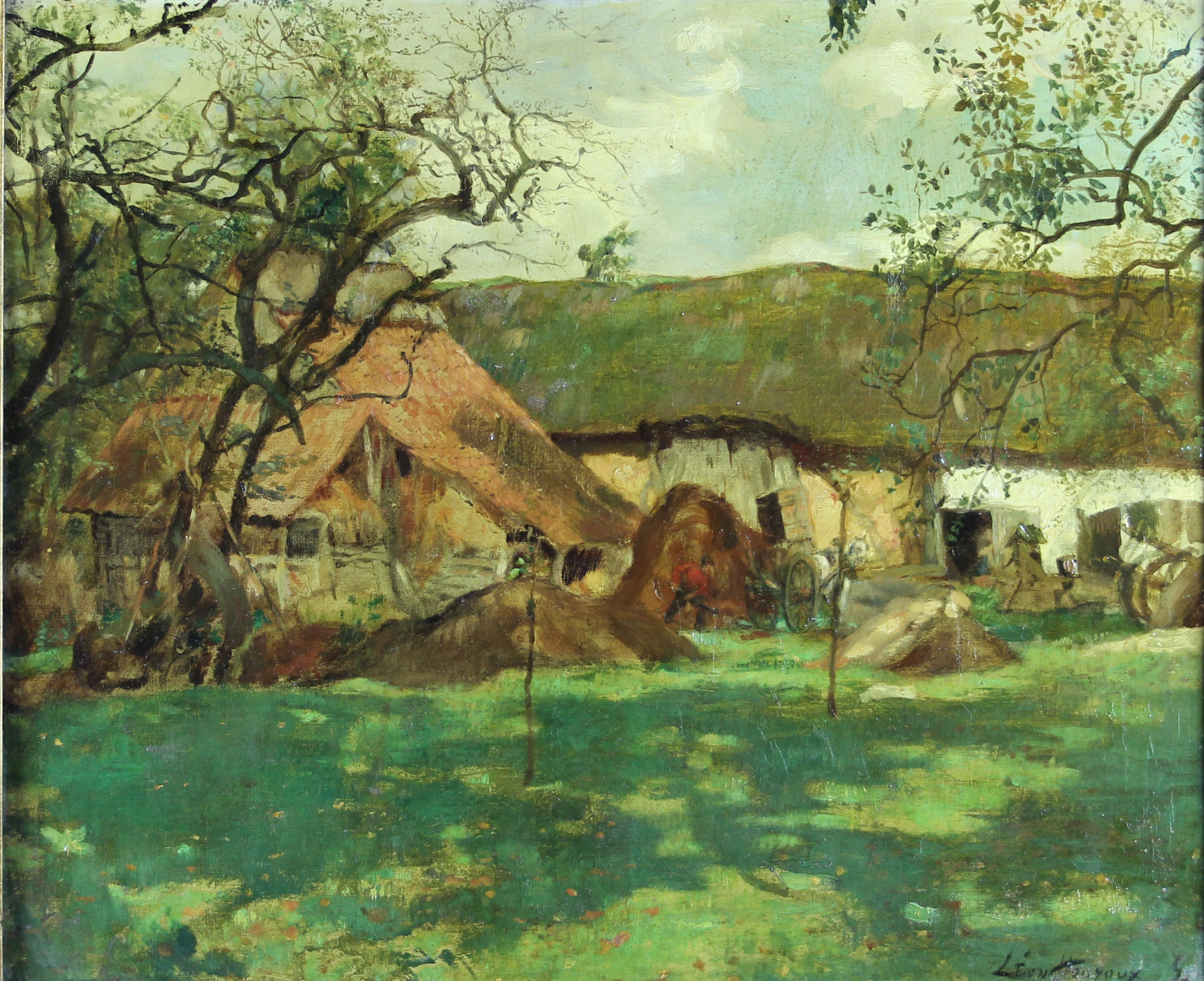 tableau Travail  la ferme Houyoux Lon paysage,scne rurale  huile toile 19e sicle