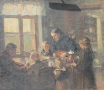 tableau Le repas en famille Balcke Robert scène de genre  huile toile 