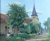 tableau Vie Champêtre De Paepe Jules scène rurale,église impressionnisme huile toile 1ère moitié 20e siècle