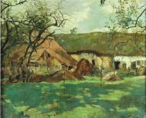 tableau Travail à la ferme Houyoux Léon paysage,scène rurale  huile toile 19e siècle
