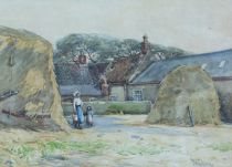 tableau La porteuse d'eau   paysage,scène rurale  aquarelle papier 1ère moitié 20e siècle