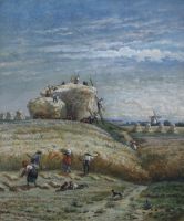 tableau Travail aux champs de Schampheleer Edmond personnage,scène rurale  gouache papier 19e siècle