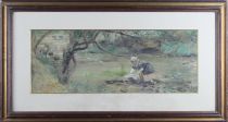 tableau Les lavandires Scheidecker Paul Frank  paysage,scne rurale impressionnisme aquarelle papier 19e sicle