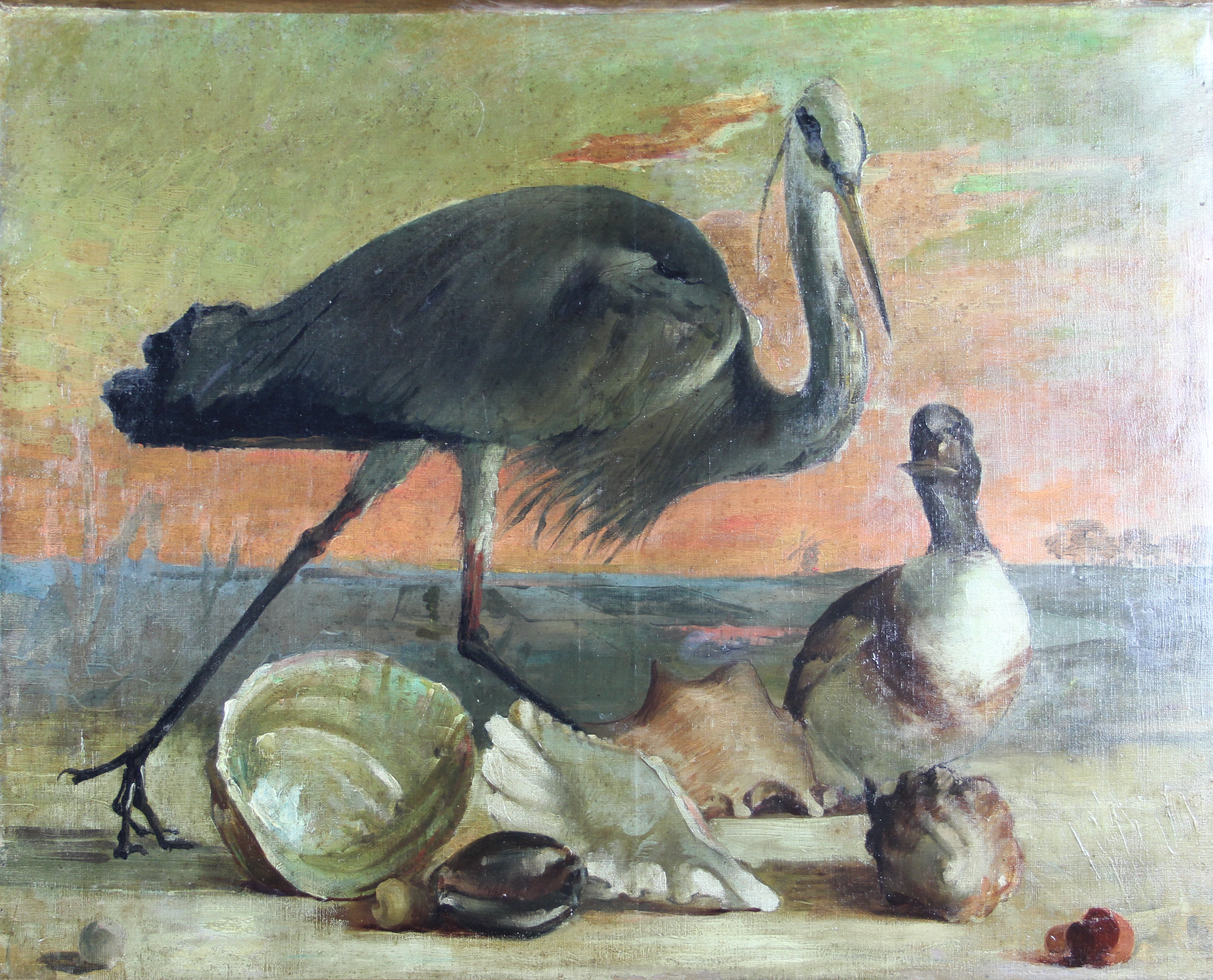 tableau Le hron et le canard   animaux,chasse pche,paysage  huile toile 19e sicle