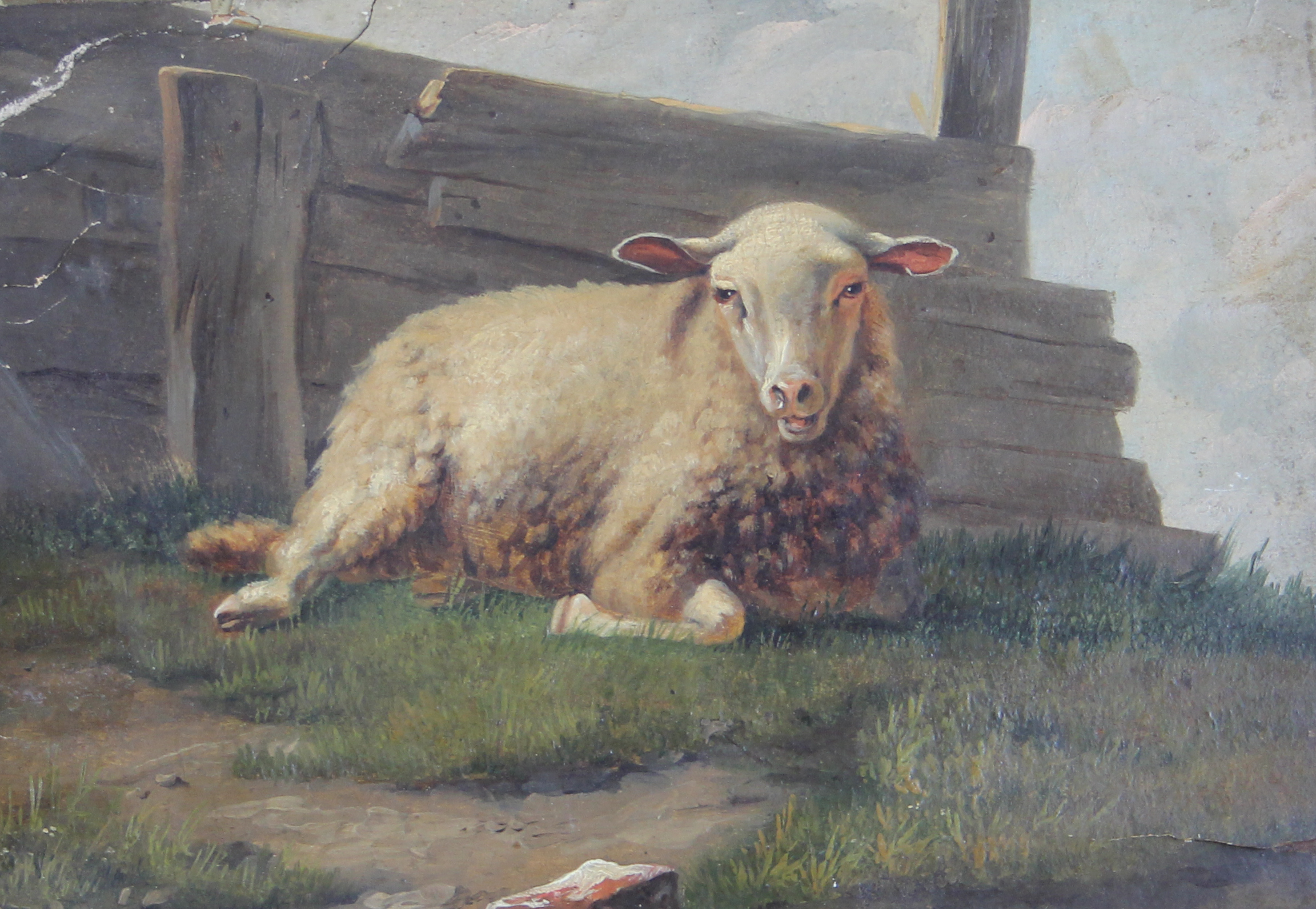 tableau Le mouton   animaux,paysage  huile papier 19e sicle