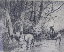 tableau Les débardeurs Bastien Alfred animaux,scène rurale  gravure papier 1ère moitié 20e siècle
