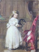 tableau La petite fille et son chien   animaux,personnage  huile toile 