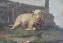 tableau Le mouton   animaux,paysage  huile papier 19e siècle