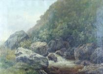 tableau Le Pêcheur Krins Ernest chasse pêche,paysage,paysage de montagne  huile toile 19e siècle