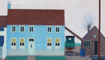 tableau La maison bleue   paysage,village  huile toile 2ième moitié 20e siècle