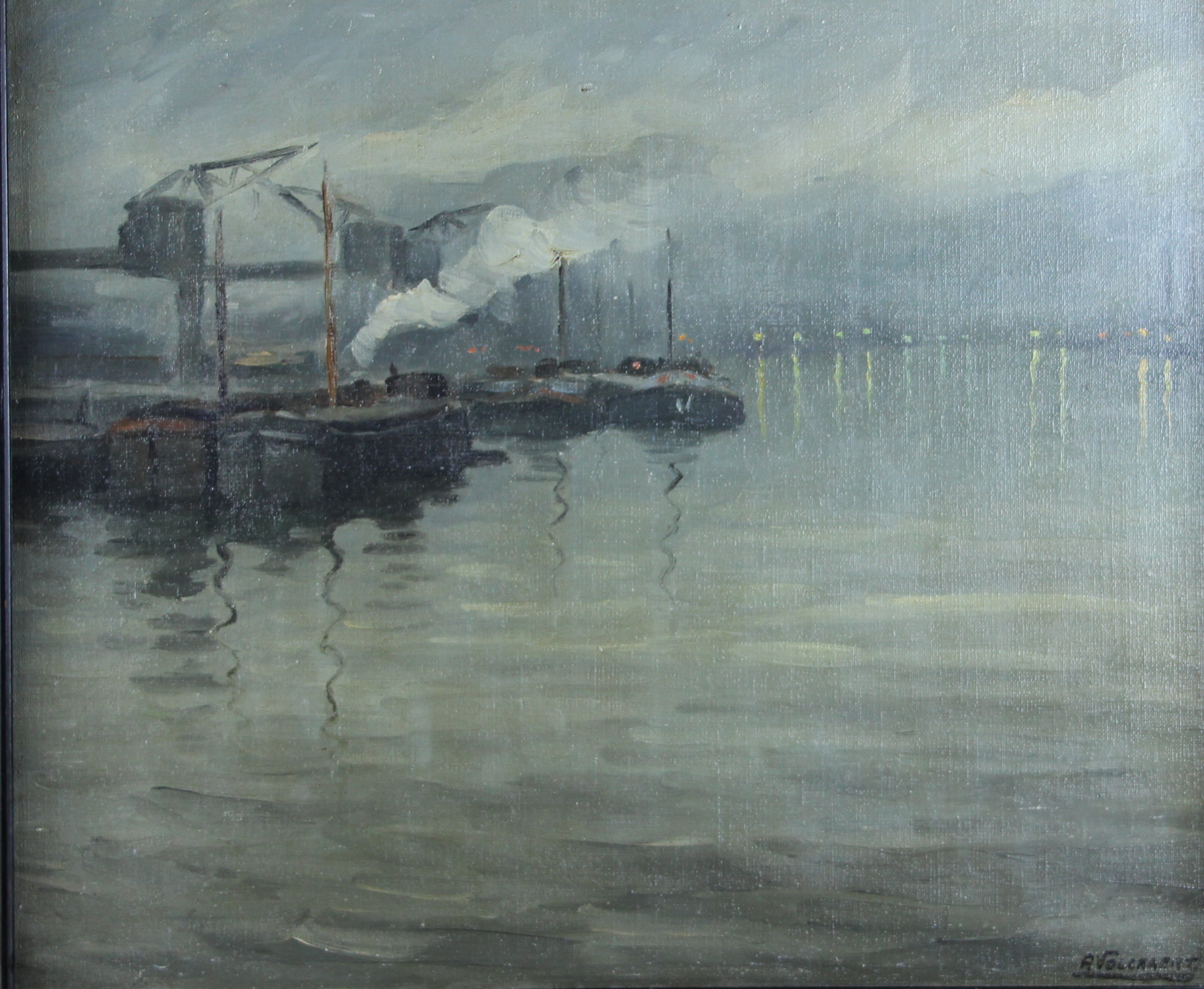 tableau Bateaux  quai Volckaert Piet marine,paysage impressionnisme huile toile 2ime moiti 20e sicle