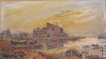 tableau Un soir sur les marais Bésiné Henri paysage,paysage marin,village  huile carton 1ère moitié 20e siècle