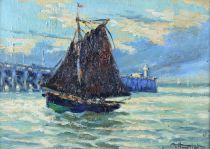 tableau Rentre au port Hustin A marine impressionnisme huile panneau 1re moiti 20e sicle