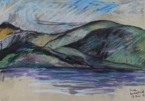 tableau Le Loch   paysage,paysage marin,paysage de montagne  gouache papier 