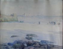 tableau Promenade sur la  plage Lentrein Jules marine,paysage,paysage marin,personnage  aquarelle papier 1re moiti 20e sicle