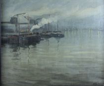 tableau Bateaux à quai Volckaert Piet marine,paysage impressionnisme huile toile 2ième moitié 20e siècle